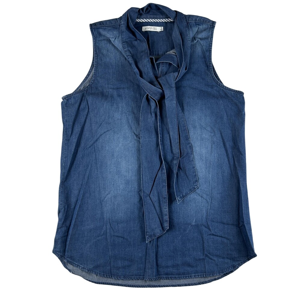 Kenneth Cole Reaction Blouse Womens Small Blue Tie Neck Tunic Sleeveless Top